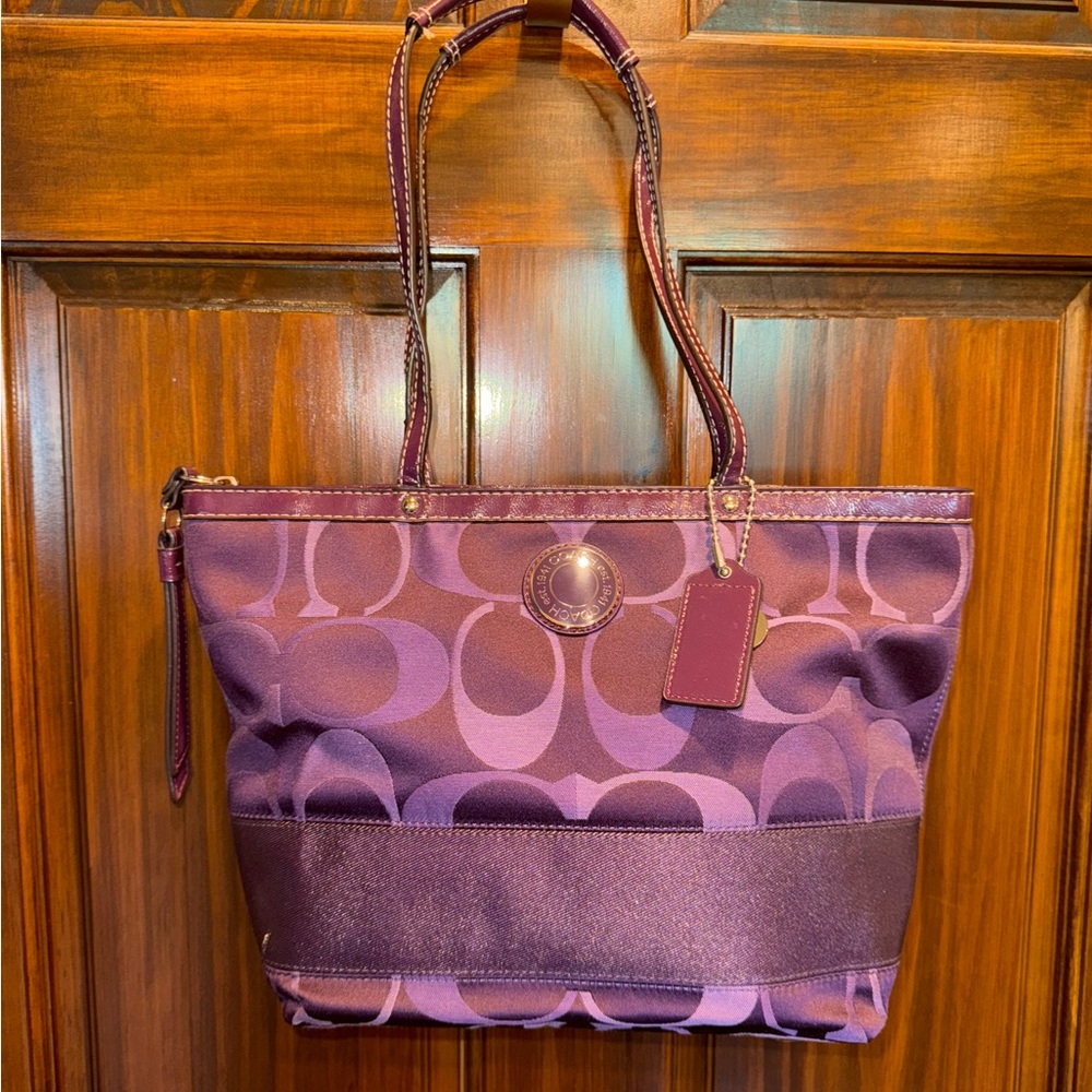 Coach: Purple Tote - F20018 Signature C Jacquard with Leather Strip - RARE